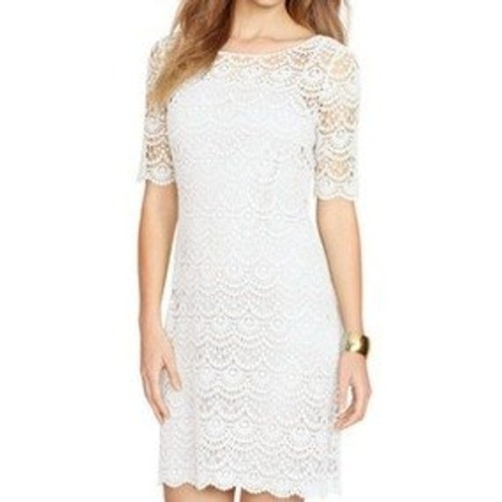 Lauren Ralph Lauren White Crochet Lace‎ Sheath Dress Boat Neck Short Sleeve L
